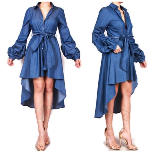 Blue Denim Hi Low Bell Long Sleeve Shirt Dress - Picture 1 of 3